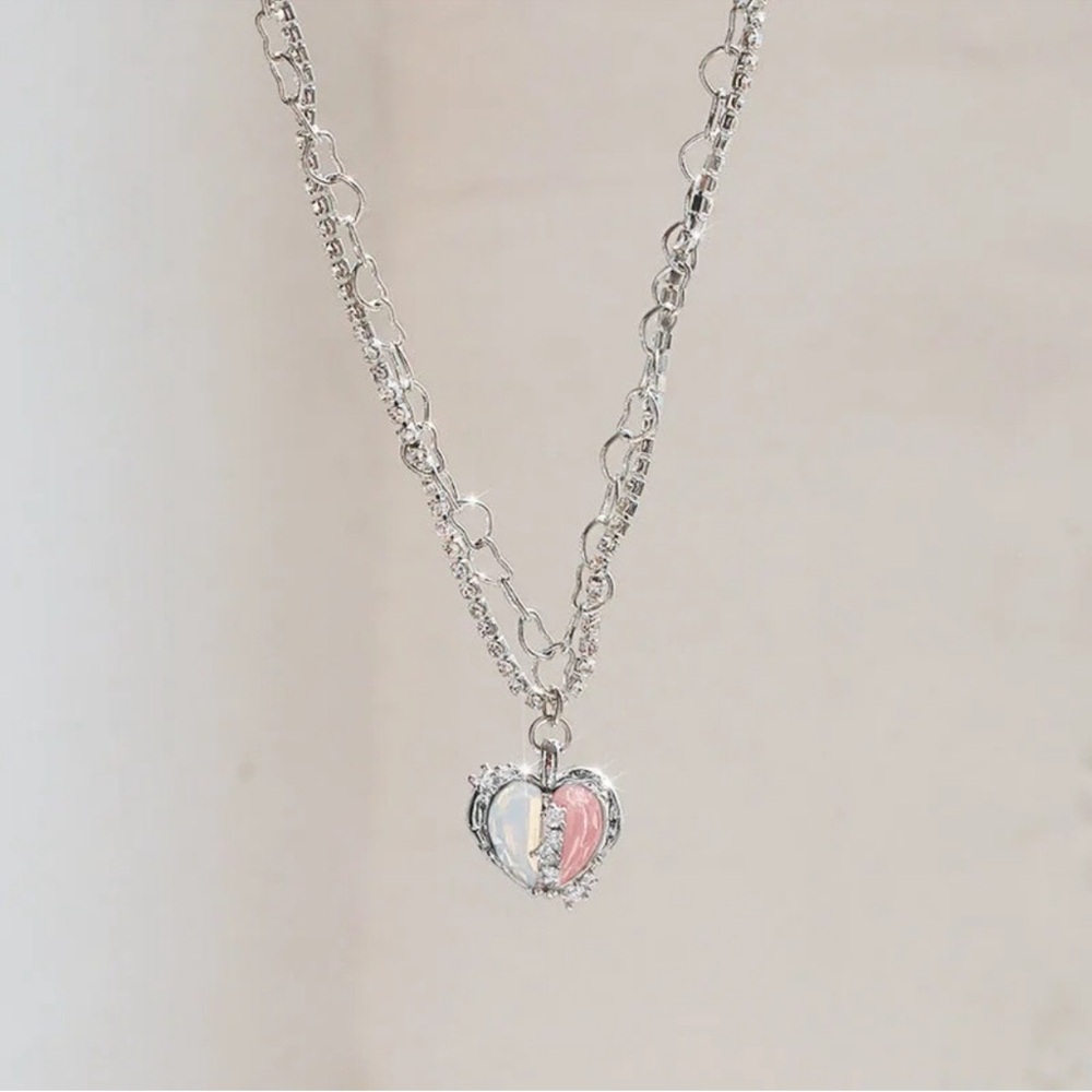 Fashion Jewelry Silver and Pink Heart Necklace